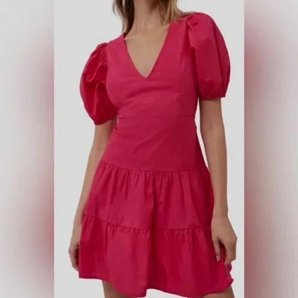 French Connection Dress Size 6 NEW Wild Rosa Pink Birch Tiered Puff Sleeve